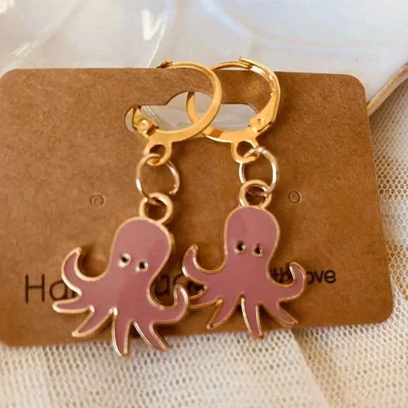 Cute Handmade Pink Octopus charm pendant Fashion Dangle Earrings set - Picture 4 of 4